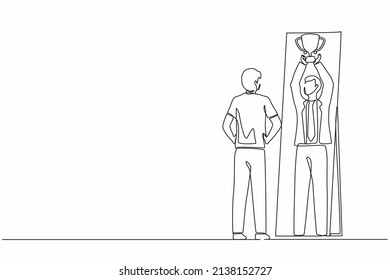 Continuous one line drawing businessman looking himself happy and successful in mirror reflection with lifting up trophy cup. Success in business and winner. Single line draw design vector graphic