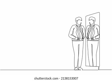 Continuous one line drawing businessman standing in front of mirror and see himself getting big belly with holding his stomach. Oversized and obesity concept. Single line draw design vector graphic