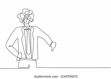 Continuous one line drawing businessman with round scribbles instead of a head. Confused male showing thumbs down sign, dislike, disapproval, disagreement. Single line draw design vector illustration