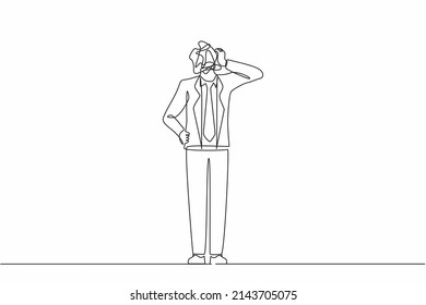 Continuous one line drawing businessman with round scribbles instead of a head. Doubting man standing and thinking, unsatisfied serious worrying human. Single line design vector graphic illustration