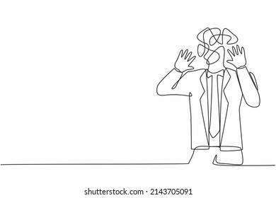 Una línea contínua que dibuja a un empresario con garabatos redondos en lugar de una cabeza. El hombre impactó, asustó, asustó, aterrorizado, expresó miedo. Deja el gesto con las manos de palma. Vector de diseño gráfico de una sola línea