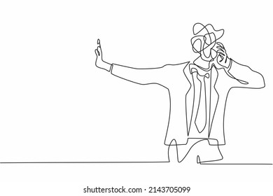 Continuous one line drawing businessman with round scribbles instead of head. Man stop gesture, male manager covering eyes with hand, sad, fear, expression. Single line draw design vector illustration