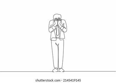 Continuous one line drawing businessman cover his face by hands and crying. Depression disorder, sad, sorrow, disappointment. Psychological therapy and treatment. Single line graphic design vector