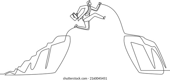 Continuous one line drawing Businessman jumping between cliff to achieve business targets. Risk management. Single line draw design vector graphic illustration.