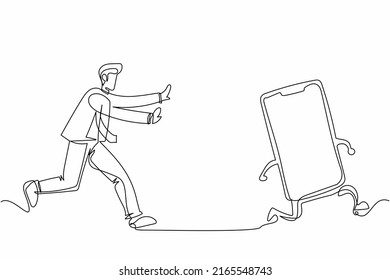 Continuous one line drawing businessman run chasing try to catch smartphone. Concept of talking, communication, technology, speaking. Business metaphor. Single line design vector graphic illustration
