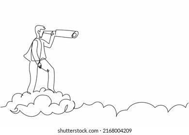 Continuous One Line Drawing Businessman Riding Cloud Holding Telescope Or Binocular To Search For Business Visionary. Leadership Vision To See Company Strategy. Single Line Design Vector Illustration