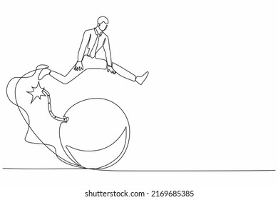 Kontinuierliche Zeichnung eines Geschäftsmannes, der über Bombe springt. Intelligente Schritte zur Antizipierung der explosiven Auswirkungen der weltweiten Wirtschafts- und Finanzkrise. Vektorgrafik-Illustration mit Einzelzeilenzeichnung