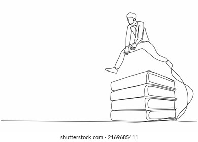 Continuous one line drawing businessman jumping over pile of big binders. Office supply, information classification, management order, document paper. Single line design vector graphic illustration