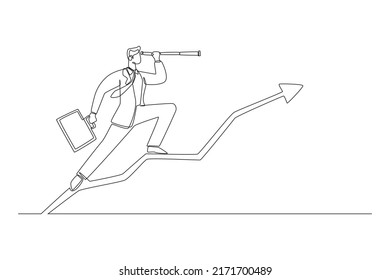 Continuous one line drawing businessman with telescope spyglass climb up on the arrow graph. Business success concept. Single line draw design vector graphic illustration.