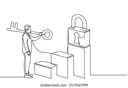 Continuous one line drawing of a businessman carrying a key with a padlock around. Lock and padlock icon. The concept of achieving keys to success, solutions and opportunities in doodle style.