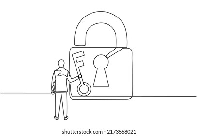 Continuous one line drawing of a businessman carrying a key with a padlock around. Lock and padlock icon. The concept of achieving keys to success, solutions and opportunities in doodle style.