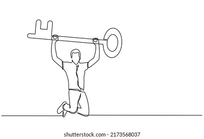 Continuous one line drawing of a businessman carrying a key with a padlock around. Lock and padlock icon. The concept of achieving keys to success, solutions and opportunities in doodle style.