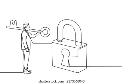 Continuous one line drawing of a businessman carrying a key with a padlock around. Lock and padlock icon. The concept of achieving keys to success, solutions and opportunities in doodle style.
