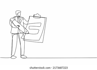 Continuous one line drawing businessman standing and holding clipboard with checklist. Business success completed plan. Goal achievements concept. Single line draw design vector graphic illustration