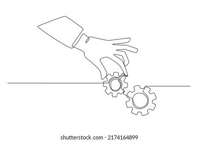 Continuous one line drawing businessman hand put important gear or cogwheel to make machine run good. Work flow concept.  Single line draw design vector graphic illustration.