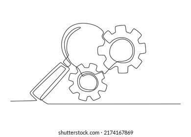 Continuous one line drawing businessman with  magnifying glass checking cogwheel to make machine run good. Work flow concept. Work flow concept. Single line draw design vector graphic illustration.