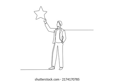 Continuous one line drawing businessman rising up hand reaching grab precious star. Career path or dream job concept. Single line draw design vector graphic illustration.