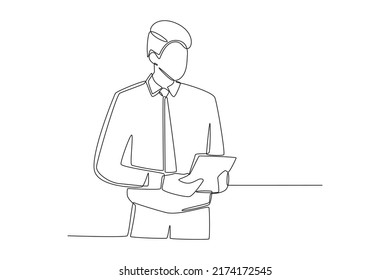 Continuous one line drawing Businessman in formal uniform holding and checking workflow records. Work flow concept. Single line draw design vector graphic illustration.