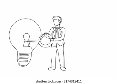 Continuous one line drawing businessman putting big key into light bulb. Unlock new business idea, invent new product or creative thoughts concept. Single line draw design vector graphic illustration