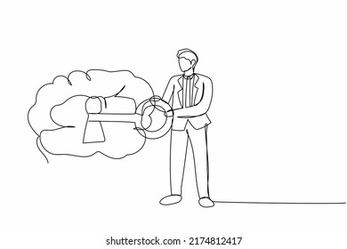 Continuous one line drawing businessman putting key into brain. Open mind. Mental peace, health care, psychology. Philosophy metaphor, personality. Single line draw design vector graphic illustration