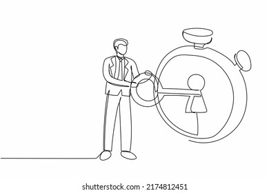 Continuous one line drawing businessman putting big key into stopwatch. Time management concept. Effective planning for productive work, deadline. Single line draw design vector graphic illustration