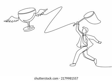 Continuous one line drawing businessman try to catching flying trophy with butterfly net. Sport game icon, logo, badge. Victory trophies and awards. Single line draw design vector graphic illustration