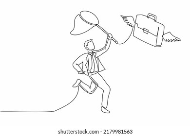 Continuous one line drawing businessman try to catching flying briefcase with butterfly net. High performance worker, active employee, rising star company. Single line draw design vector illustration