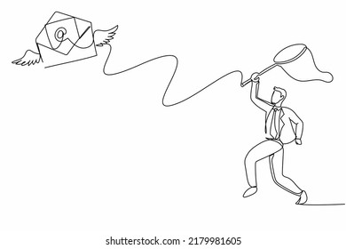 Continuous one line drawing businessman try to catching flying mail with butterfly net. Not read incoming message. Decoration for greeting cards, posters. Single line draw design vector illustration