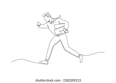 Continuous one line drawing businessman checking time in his hand, running and late for his business appointment. Late concept. Single line draw design vector graphic illustration.