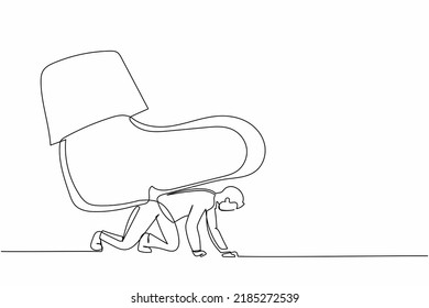 Continuous one line drawing businessman crawling under giant foot trample. Manager under tyranny, dictatorship concept. Minimal metaphor concept. Single line draw design vector graphic illustration