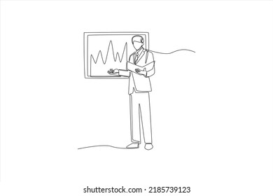 Datos continuos de lectura y análisis de un empresario de dibujo de una línea basados en el gráfico en pantalla. Concepto de capacitación y taller. Ilustración gráfica vectorial de diseño de líneas simples.