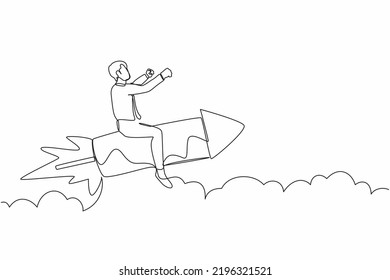 Continuous one line drawing businessman sitting astride a rocket and flying through the air. Successful business, leadership concept. Minimalist metaphor. Single line draw design vector illustration