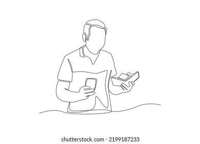 Continuous one line drawing businessman holding cellphone and wallet money in hands. Wealth and prosperity concept. Single line draw design vector graphic illustration.