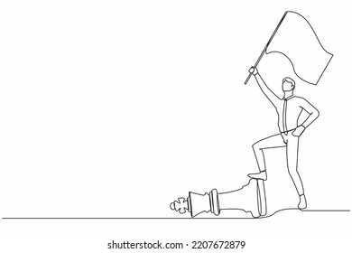 Continuous one line drawing businessman waving flag and overcoming other corporation piece. Defeat competitor in business as winning chess game tiny person. Single line draw design vector illustration