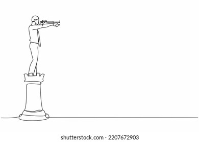 Continuous one line drawing businessman on top of rook chess piece pointing and using telescope looking for success, opportunities. Successful business strategy concept. Single line draw design vector