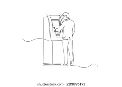 Continuous one line drawing businessman doing transaction at the ATM. ATM machine concept. Single line draw design vector graphic illustration.