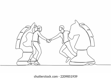 Continuous One Line Drawing Businessman Competitors Standing On Horse Chess Piece, Handshaking After Finish Agreement. Negotiation Strategy, Win-win Situation. Single Line Design Vector Illustration