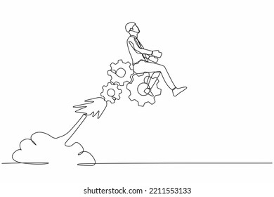 Dibujo continuo de una línea de un hombre de negocios montando un cohete en el cielo. Los mecanismos buscan una solución a los problemas. Búsqueda de respuesta por parte de Brainstorm. ilustración vectorial de diseño de línea única