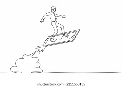 Continuous one line drawing businessman riding clipboard rocket flying in the sky. Analyze data at launch of new startup. Business contract concept. Single line draw design vector graphic illustration