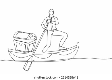Continuous one line drawing businessman standing in boat and sailing with treasure chest. Success financial. Money laundering, political corruption. Single line draw design vector graphic illustration