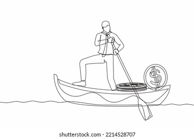 Continuo giro de una línea que dibuja a un empresario parado en un bote y navegando con montones de monedas en dólares. Criminal robó monedas de oro del banco. Escapar con dinero. Ilustración gráfica vectorial de diseño de línea única