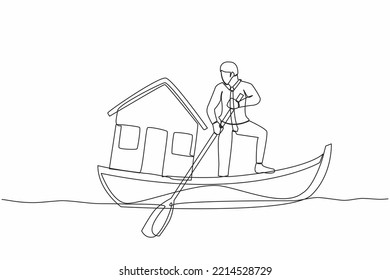 Continuous one line drawing 
businessman standing in boat and sailing with house. Housing loan settlement. Banks provide home mortgage installments to employees. Single line design vector illustration