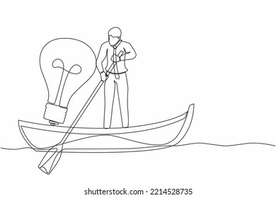 Un empresario continuo de una línea que dibuja en barco y navega con bombilla. Gestor buscando idea o visión. Innovación empresarial exitosa. ilustración vectorial de diseño de línea única