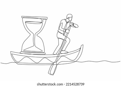 Continuous one line drawing businessman standing in boat and sailing with hourglass. Manager escape from deadline. Motivation to go forward. Running out of time. Single line design vector illustration