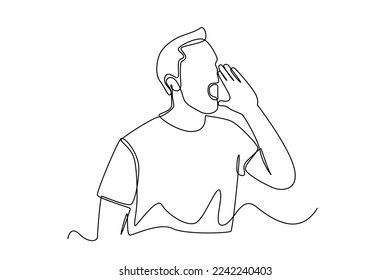 Continuous one line drawing Businessman shouting and screaming loud to side with hand on mouth. Communication concept. Single line draw design vector graphic illustration.