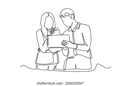 Continuous one line drawing businessman   woman discussing about sales tab analyze data for marketing plan  Communication concept  Single line draw design vector graphic illustration 