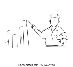 Continuous one line drawing of businessman drawing chart graph. Business statistic presentation line art vector illustration.