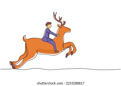 Continuous one line drawing businessman riding deer. Investment, bullish stock market trading, rising bonds trend. Successful businessman trader. Single line draw design vector graphic illustration