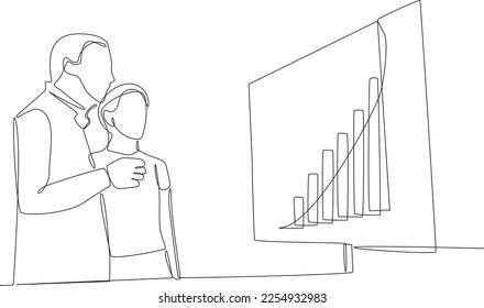 Continuous one line drawing businessman team analyzing project planning. Project planning concept. Single line draw design vector graphic illustration.