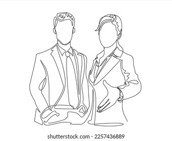 Continuous one line drawing of businessman and businesswomen. Business concept one line illustration. Businessman and businesswomen line abstract portrait minimalist contour drawing.